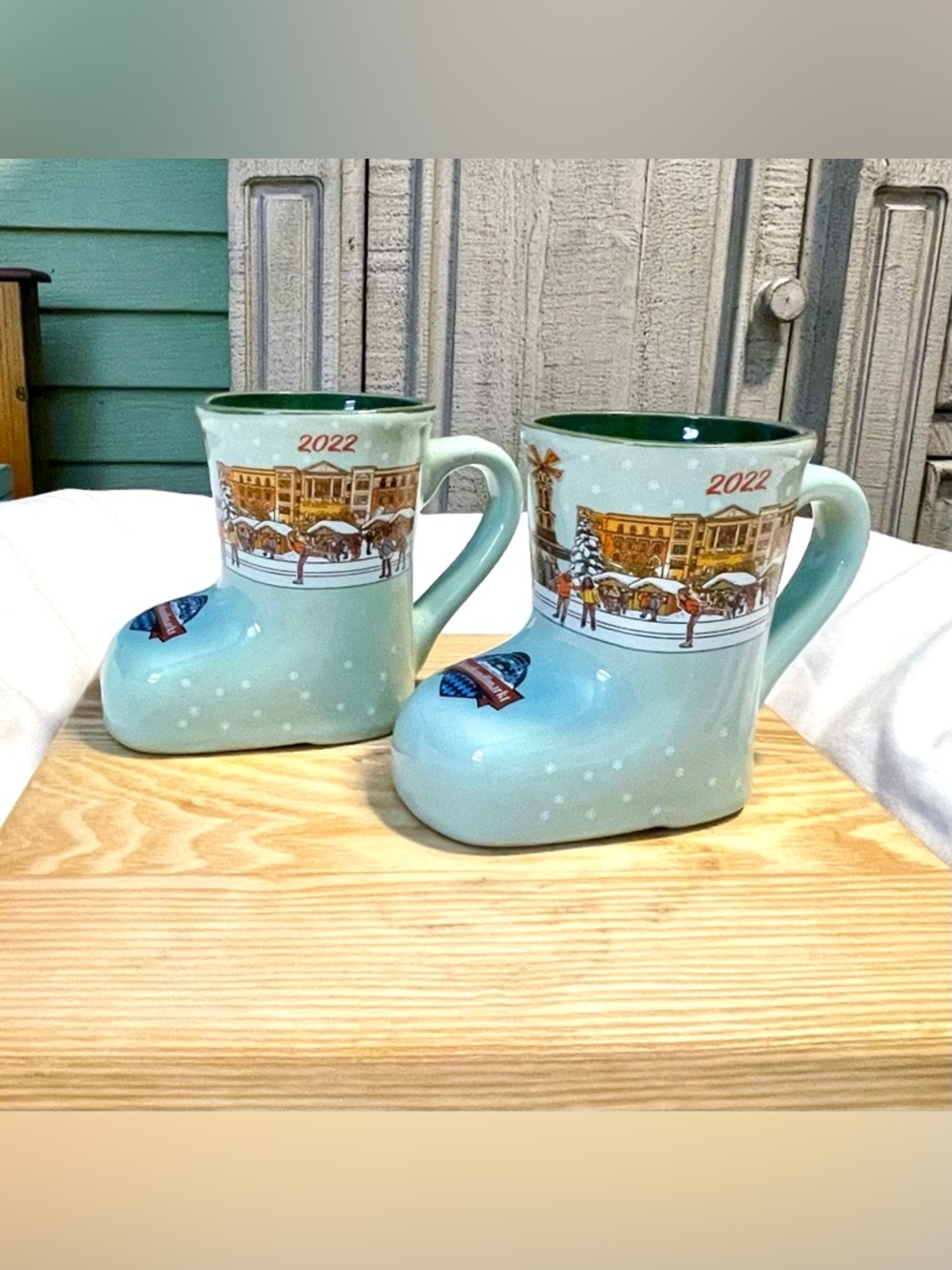 2 Christkindlmarket German Christmas 2022 Market Mug Carmel Indiana Boot -Green